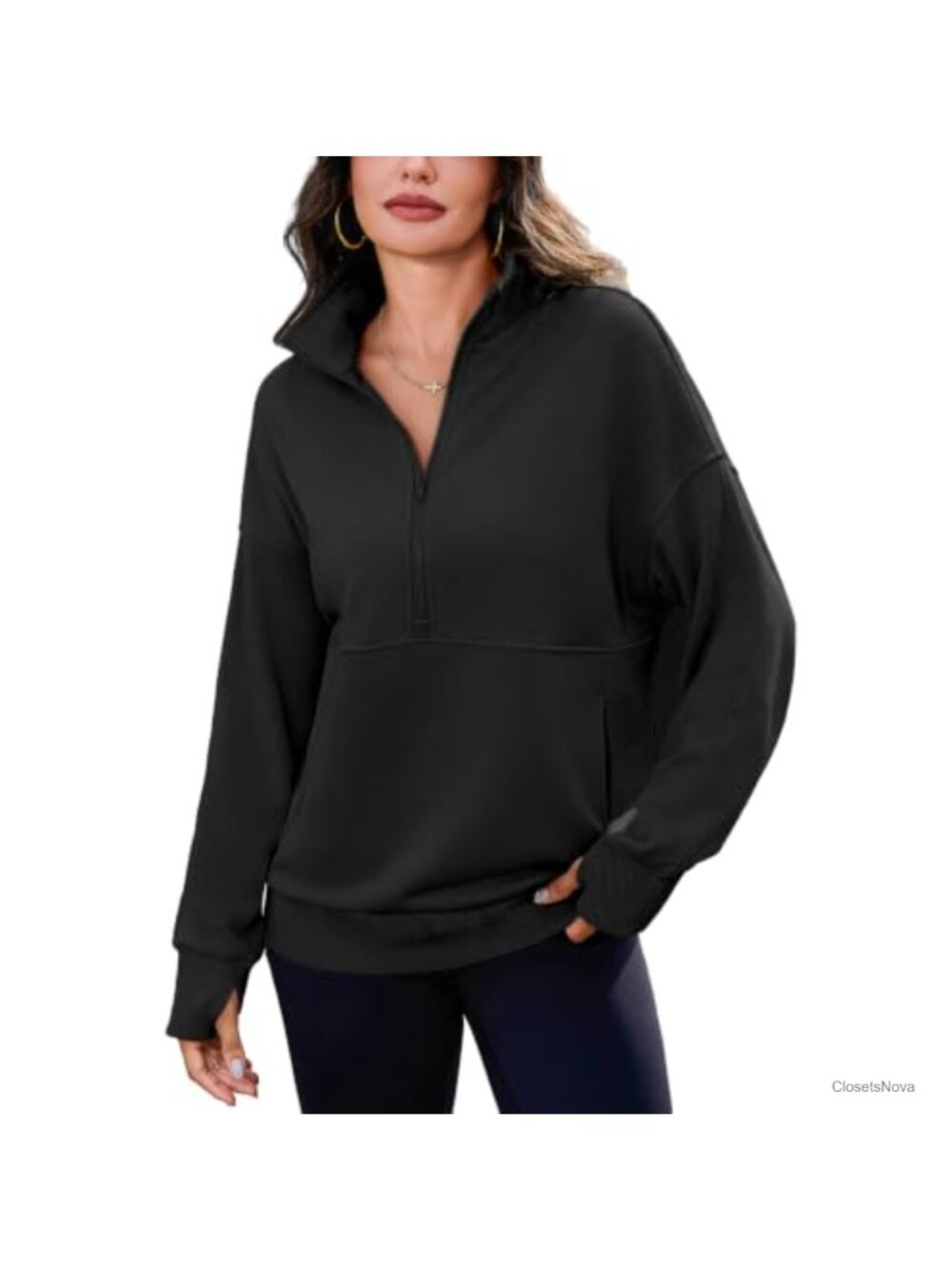 Women Half Zip Oversized Sweatshirt Drop Shoulder Pullover Mock Neck Thumb
